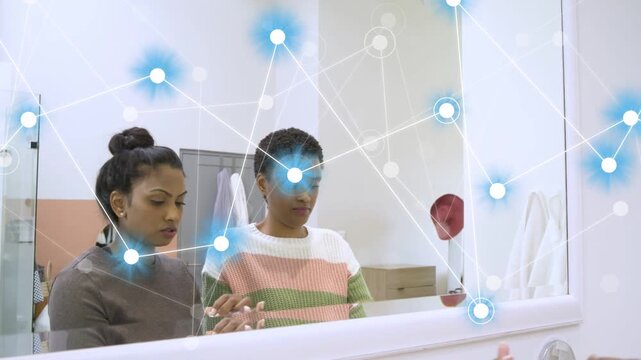 Striped woman reaching faucet, both testing pink beauty product while blue nodes filling mirror