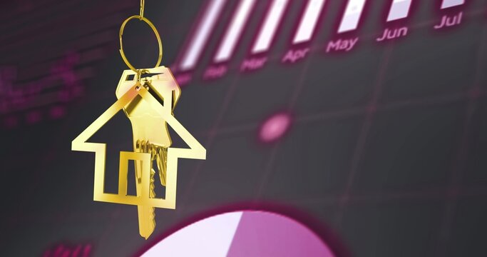Hanging gold house-shaped keychain with metal keys on ring before financial dashboard, copy space