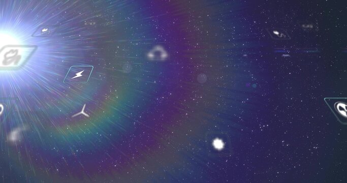 Radiating bright lens-flare sending streaks across star field with floating UI icons, copy space