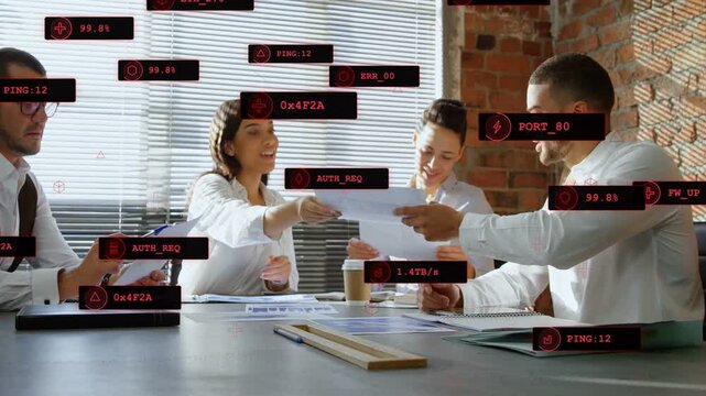 Center-left woman handing sheet to colleague, team reviewing business docs, HUD labels tagging