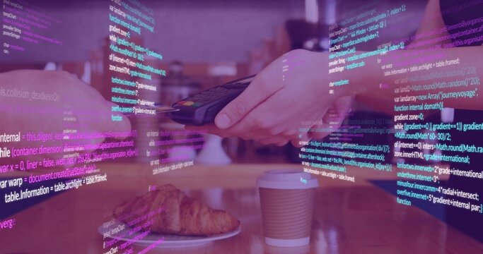 Exchanging barista and customer in casual sleeves using card terminal at cafe counter, cup and code