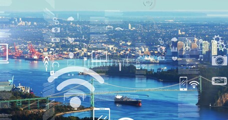 Spanning green suspension bridge, cargo ship passing beneath span at harbor, with WiFi overlays © vectorfusionart