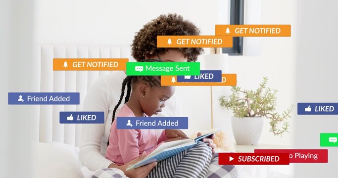 Reading woman in white guiding child in pink, striped leggings at home with book and notifications