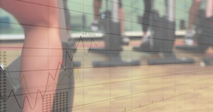 Showing single leg moving at gym, wearing dark shorts, cardio machines, graphs +4