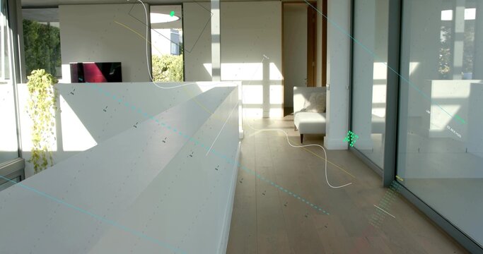 Displaying white railing stretching across upper landing, casting sunlight patches, showing TV