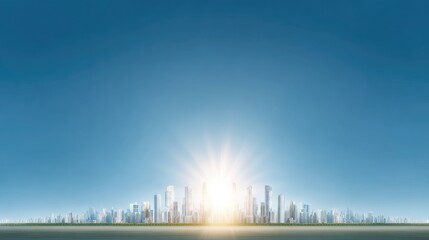 Fototapeta premium Modern City Skyline with Bright Sun Rays and Clear Blue Sky at Sunrise, Urban Landscape, Daylight View