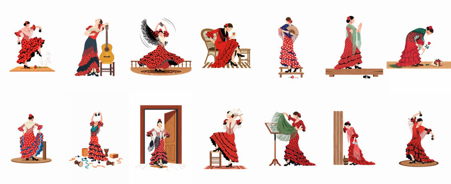 Set of flamenco dancer illustrations in traditional red polka-dot dress performing various dance moves and poses with Spanish cultural elements.