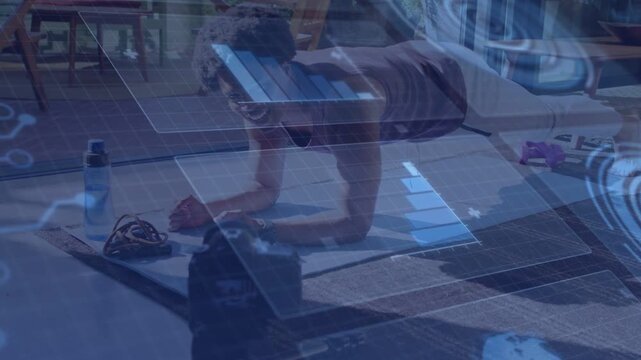 Man holding forearm plank on yoga mat while camera recording and overlays tracking fitness form