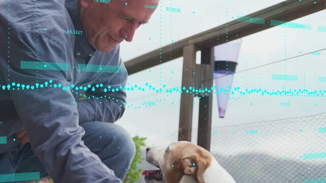 Senior man leaning on deck stroking dog after dog approaching, tech HUD showing bond camera closing