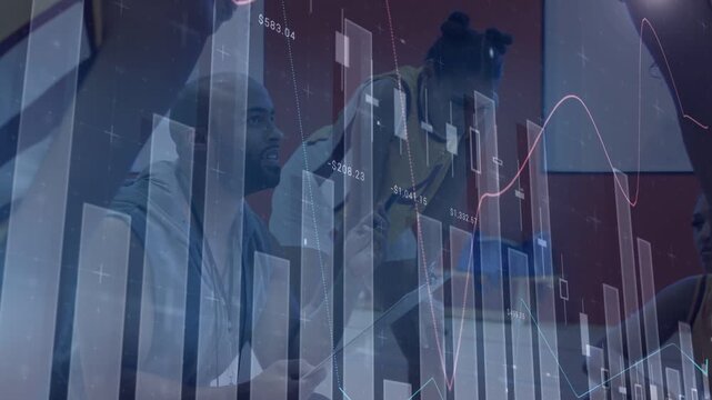 Seated man and colleagues leaning over table, tapping laptop and analyzing finance chart overlay