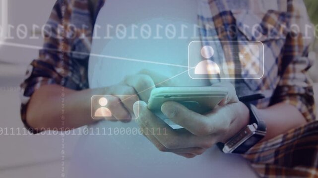 Male hands finger tapping smartphone, causing animated contacts overlaying phone torso for tech