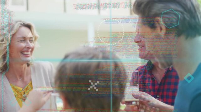 Mature woman pouring pitcher by pool, family filling cups and toasting with tech HUD sweeping faces