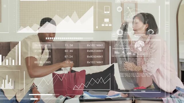 Couple picking up clothes, folding and packing suitcases on bed for travel, HUD guiding items