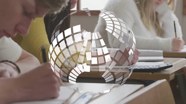 Students writing in class while mosaic sphere popping, orbiting and hiding notebooks, aiding study