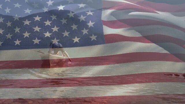Two boaters pushing rowboat from shore, rowing toward open water, with US flag overlay layering