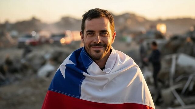 Chilean Man in Flag Portrait Amidst Debris of Disaster Scene