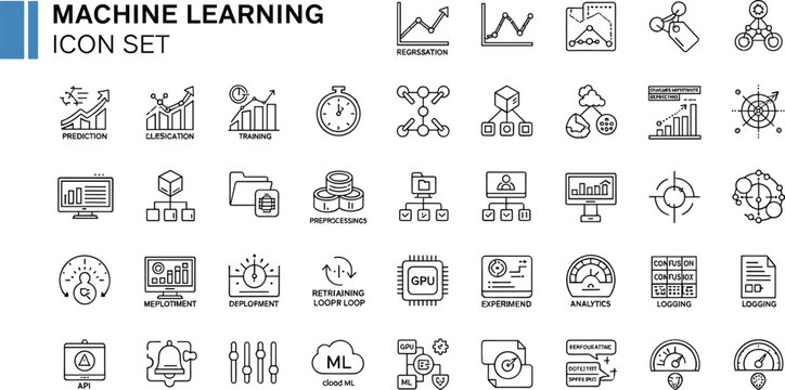 Machine learning analytics outline icon set with prediction clustering regression training deployment monitoring artificial intelligence workflow symbols