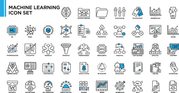 Machine learning analytics outline icon set with neural networks datasets clustering GPU dashboards automation artificial intelligence workflow symbols