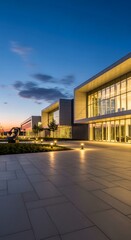 Naklejka premium Modern office building exterior at dusk with illuminated windows and pathway lights creating a welcoming atmosphere