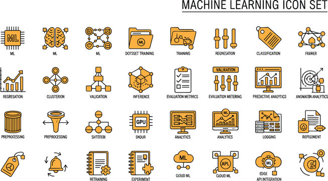 Machine learning icon set collection with artificial intelligence, neural network, data analysis, automation, algorithm, classification, prediction technology vector symbols