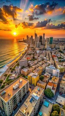 Fototapeta premium A panoramic aerial view of Tel Aviv cityscape at sunset captures the golden glow illuminating the buildings and streets The vast expanse of the sea s
