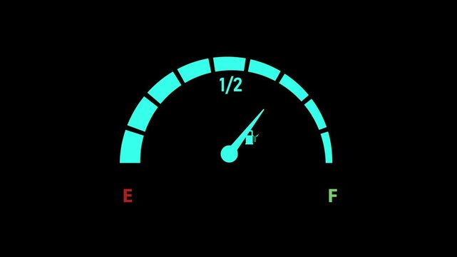 Animated fuel gauge interface with color transition from green to red, smooth needle movement, and minimal dashboard design.