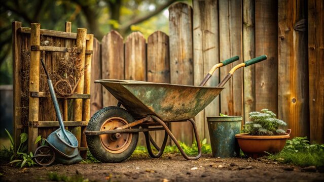 A photo of a rusty wheelbarrow and a collection of corroded gardening tools sit idly beside a weathered fence