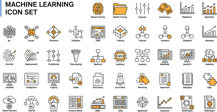 Machine learning training pipeline outline icon set with neural networks datasets clustering regression analytics artificial intelligence workflow symbols