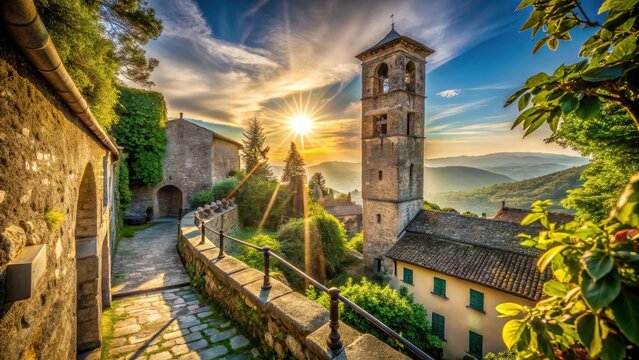 A panoramic view of San Martino della Battaglia historic tower rising majestically against the sky, surrounded by lush greenery and ancient stone wall