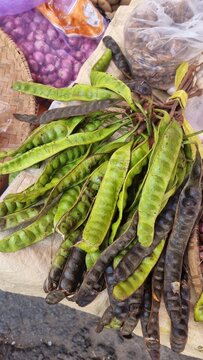 Vibrant Green  Dark Petai Pods Exotic Market Delicacy in Asia.
