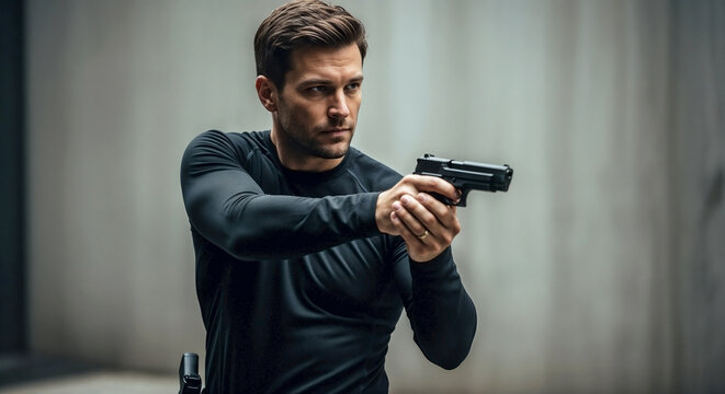 Focused man holding gun in tactical black shirt. His determined expression and firm grip on handgun indicate readiness for action. This image portrays a man holding gun for themes of security.
