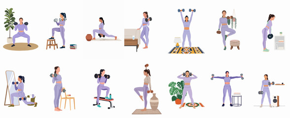 Fototapeta premium Set of illustrations depicting a woman performing various dumbbell exercises at home for fitness, health, and strength training.
