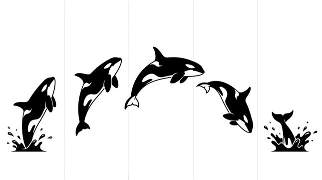 A dynamic sequence of five killer whale illustrations, depicted in black and white, showcasing majestic orcas leaping and diving with powerful and graceful aquatic motion