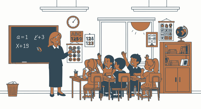 Elementary school teacher teaching diverse children in a classroom