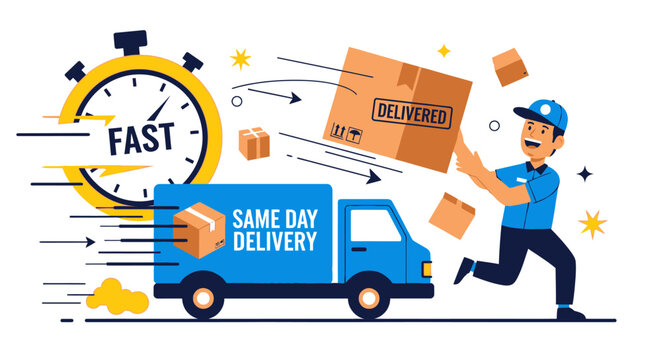 Express same day delivery service illustration with truck and courier