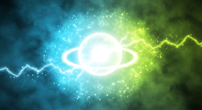 Abstract energy sphere with blue and green lightning