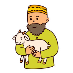 Fototapeta premium Muslim man carrying small white sacrificial goat