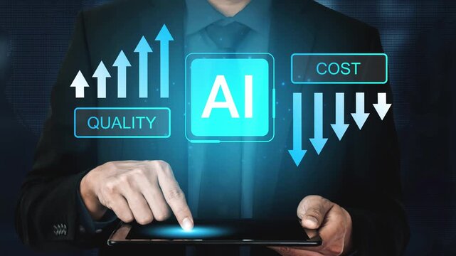 Businessman Using Tablet to Analyze AI Impact on Quality and Cost in Modern Industry for Optimal Decision Making and Strategic Planning Gluon.