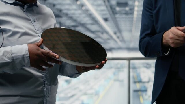 Discussing, silicon wafer and woman with colleague in production facility innovating engineering process. Increasing quality, semiconductor substrates close up and specialists cooperating, camera A