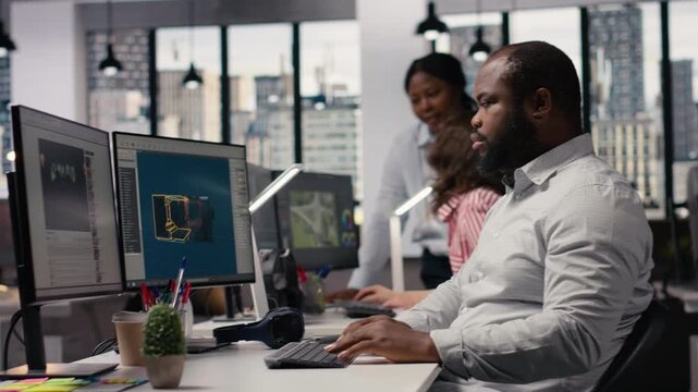 Game engineer, digital gaming project, programming gameplay systems, to create digital spatial environments. Man building futuristic virtual world using modern software, cloud computing tools.