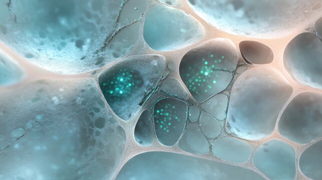 顕微鏡で見た細胞のような有機的構造の抽象的なイメージ。光る粒子と網目状の組織。生物学と科学研究の概念的な背景