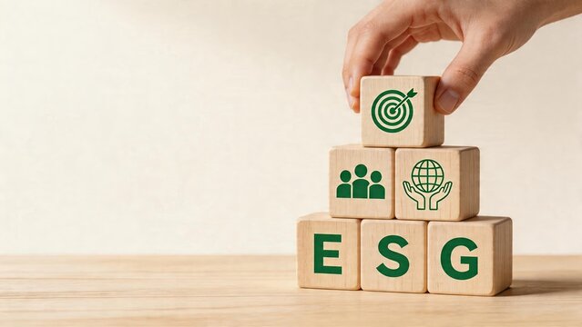 Business man stacking wooden cubes with ESG letters on table green target icon community people silhouettes world globe in hands symbolizing corporate social responsibility