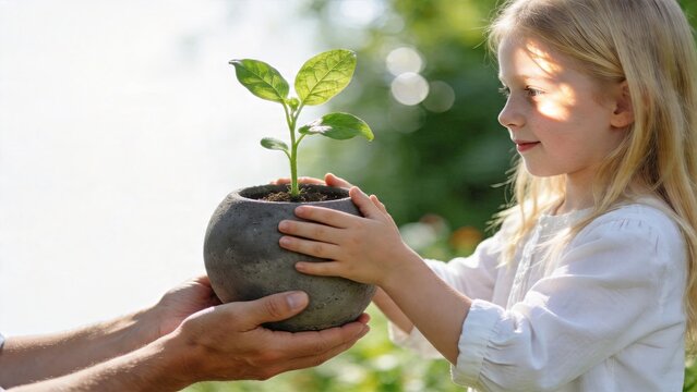 Closeup of caring mother hands giving young beautiful girl child seedling plant in pot family love education ecology nature environment protection concept gardening hobby for