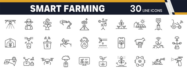 Fototapeta premium Modern smart farming and agriculture technology line icons illustrating automated systems, precision techniques, and sustainable solutions for efficient food production
