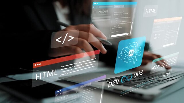 Dynamic workspace with modern technology and programming elements featuring HTML, AI, and DevOps concepts for web development focus Gluon.