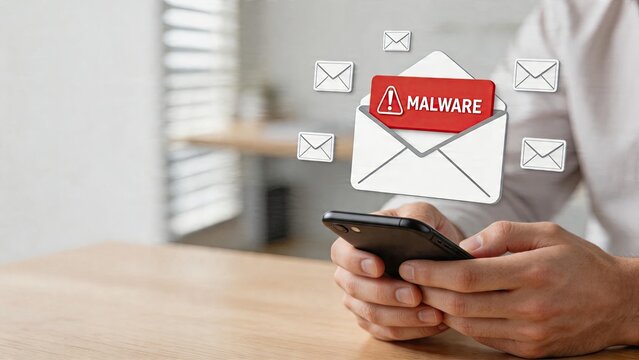 Business man using smartphone receiving spam email with warning malware virus message on screen cyber security threat concept