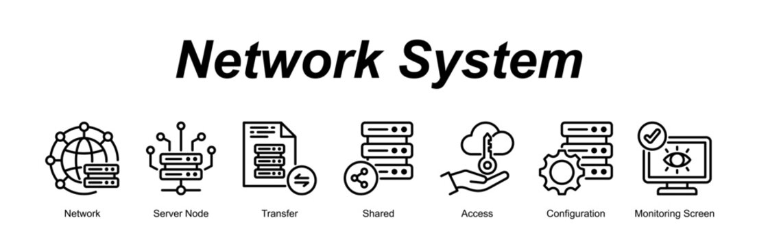 Network System banner web icon vector illustration concept with an icon of Network, Server Node, Transfer, Shared, Access, Configuration, Monitoring Screen 