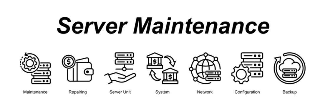 Server Maintenance banner web icon vector illustration concept with an icon of Maintenance, Repairing, Server Unit, System, Network, Configuration, Backup 