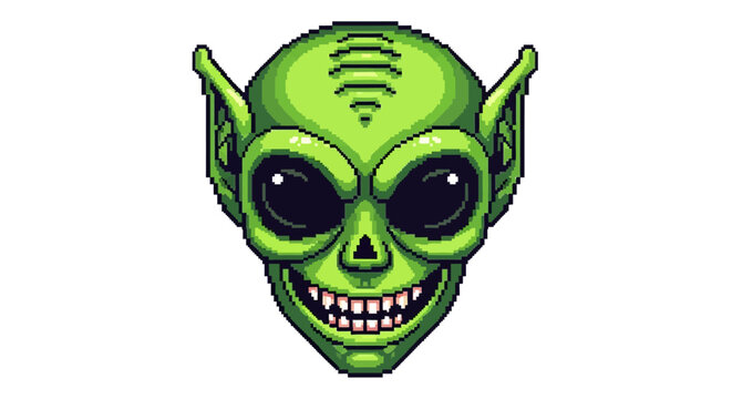 Pixel Art Green Goblin Face with Large Ears and Sharp Teeth.