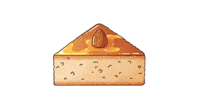 Slice of Traditional Honey Semolina Cake with Almond Topping Isolated on White Background